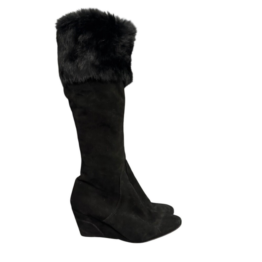 Fabianelli Italy Black Suede Faux Fur Trim Wedge Knee High Boots Womens Size 41